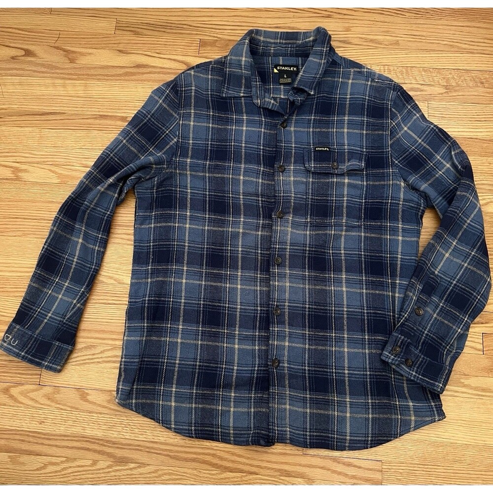 Stanley Men's Flannel Shirt Size L Blue Yellow Plaid Button Front